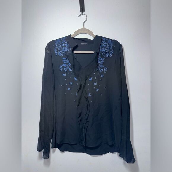 Elie Tahari Women’s 100% Silk Ruffle Embroidered Fairy Sleeve Blouse Medium EUC - Picture 1 of 8